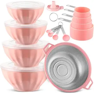 4 Pcs Mixing with Lids Nesting Set with Stainless Colander 8 Pcs Measuring Cups and Set and Foldable Funnel for Cooking Accessories (Pink)