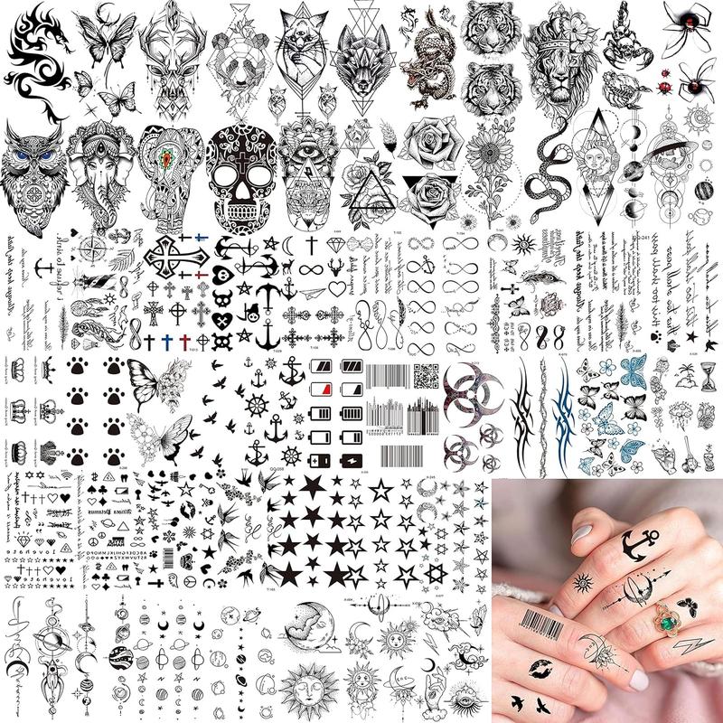 69 Sheets 3D Realistic Tiger Lion Temporary Tattoos For Women Forearm Men Arm, Half Sleeve Wolf Owl Skull Skeleton Waterproof Fake Tattoos For Adults Thigh, Black Animal Bulk Tattoo Sticker