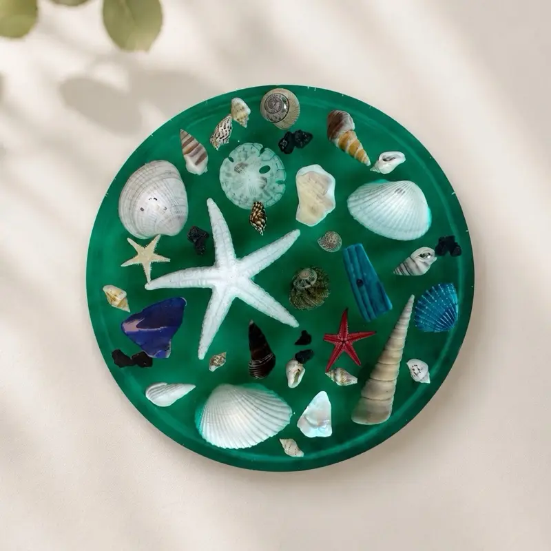 Handmade Resin Tableware Coaster with Real Seashells - Ocean Green Coastal Decor