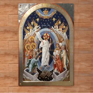 Byzantine Orthodox Christian Tin Wall Art Featuring Jesus Christ Resurrection Scene With Angels And Saints Vintage Metal Decor For Home Church Or Chapel Indoor Outdoor Use 12x8 Inches