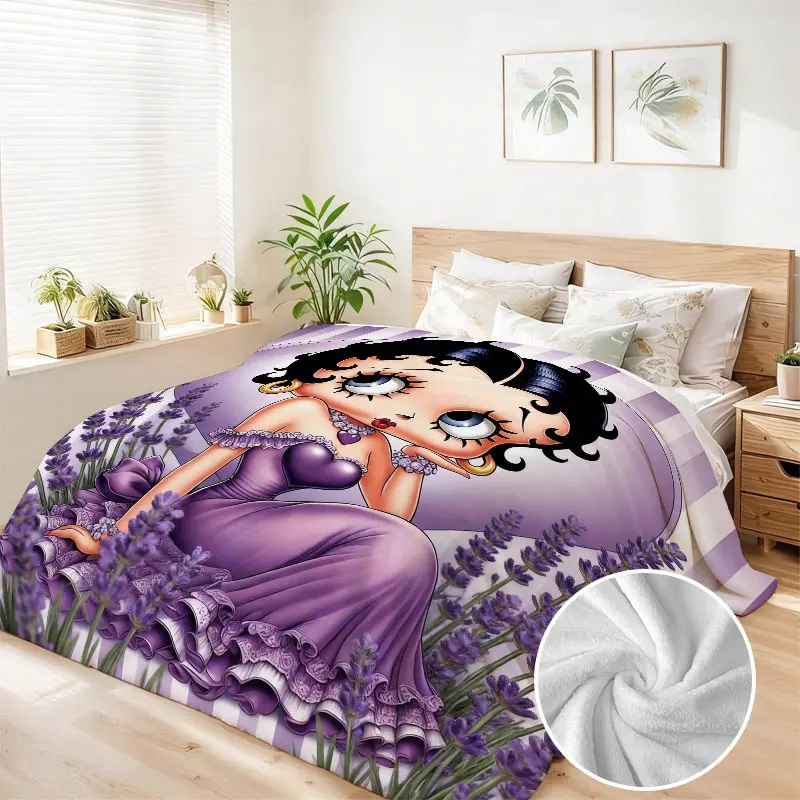 Betty Boop Vintage Cartoon Character Flannel Printed Comfy Blanket - 90"x108" Large All-Seasons Soft Warm Cozy Throw, Decorative Blanket for Girls, Cute Aesthetic Room Decor Bedding Linen Gift, Comfy Blankets, Flannel Printed Blanket