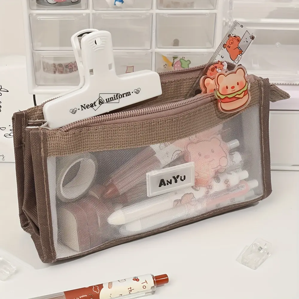 1Pc Large Capacity Mesh Pencil Box - Transparent 5-Layer Girls Storage Bag, Durable Beige Fabric with Zipper Closure, Perfect for School Supplies, Art Supplies and Desk Organization, Pencil Box Bag
