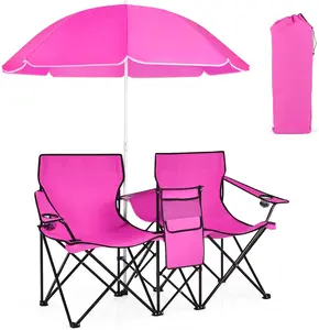 Giantex Double Camping Chair with Umbrella - Folding Picnic Loveseat with Carrying Bag, Cooler Bag, Table, Side Pocket & Cupholder, Portable Beach Chair for Camping, Picnic, Fishing, Beach