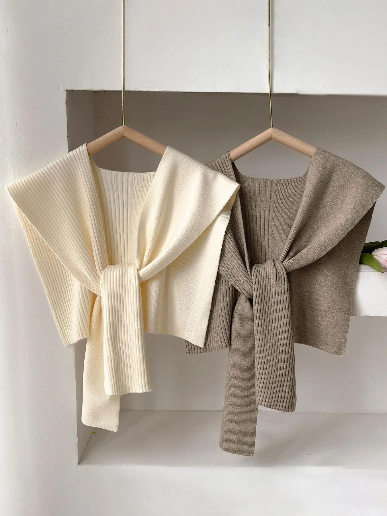 2 Piece Solid Color Shawl Set, Women's Casual Trendy Solid Knitwear Knitted Shawl Multi-Functional Scarf Wrap Scarves for Everyday Wear, Stylish Accessories and Perfect Gift, Knitted Scarf