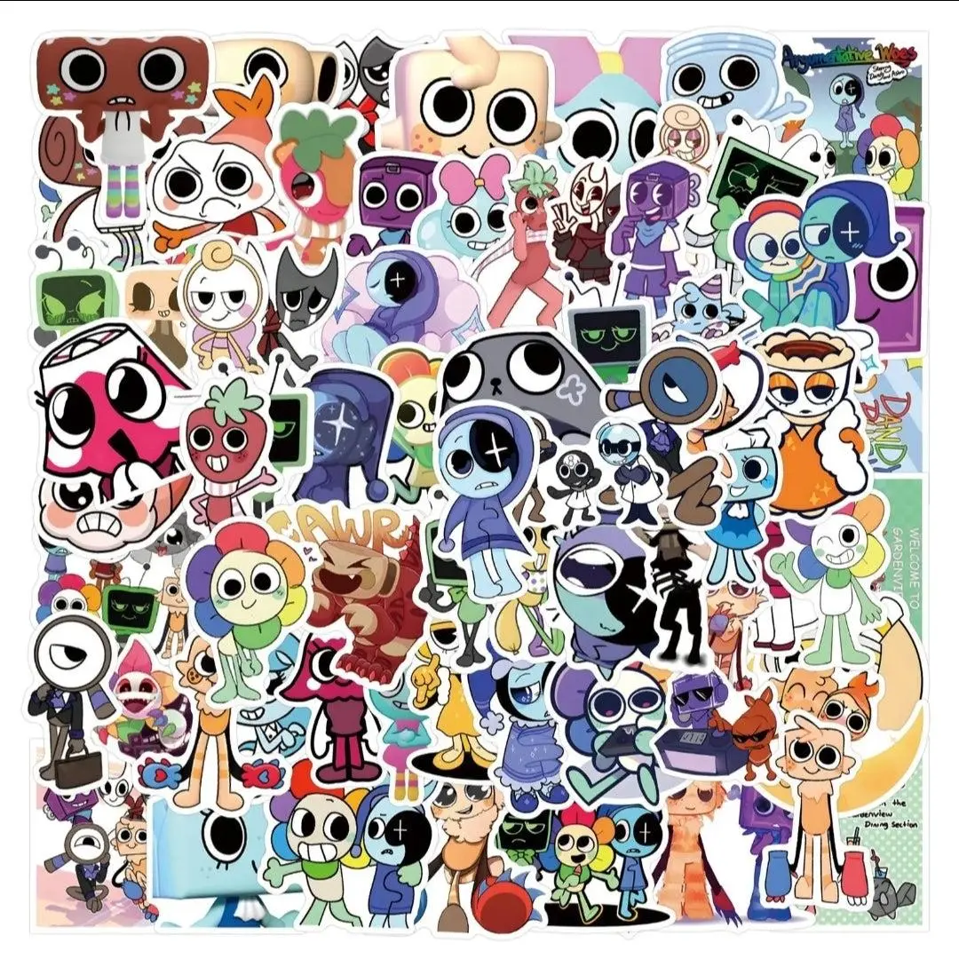 Dandy's World 100-Piece Waterproof Vinyl Sticker Sheets, Colorful Fantasy Character Graphic Decals, Mobile Phone Accessories for Laptops, Water Bottles
