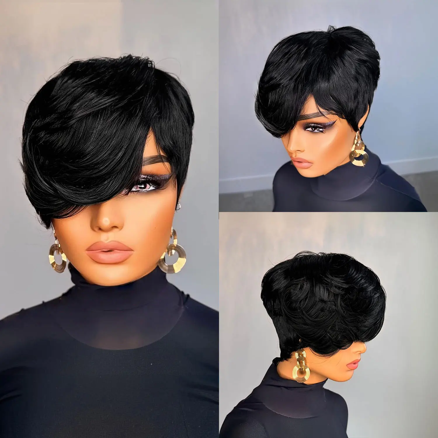 ShowReal Short Pixie Cut Wig Brazilian Virgin Human Hair With Bangs Full Machine Ready To Go Glueless Wig ShowReal Short Pixie Cut Wig Brazilian Virgin Human Hair With Bangs Full Machine Ready To Go Glueless Wig