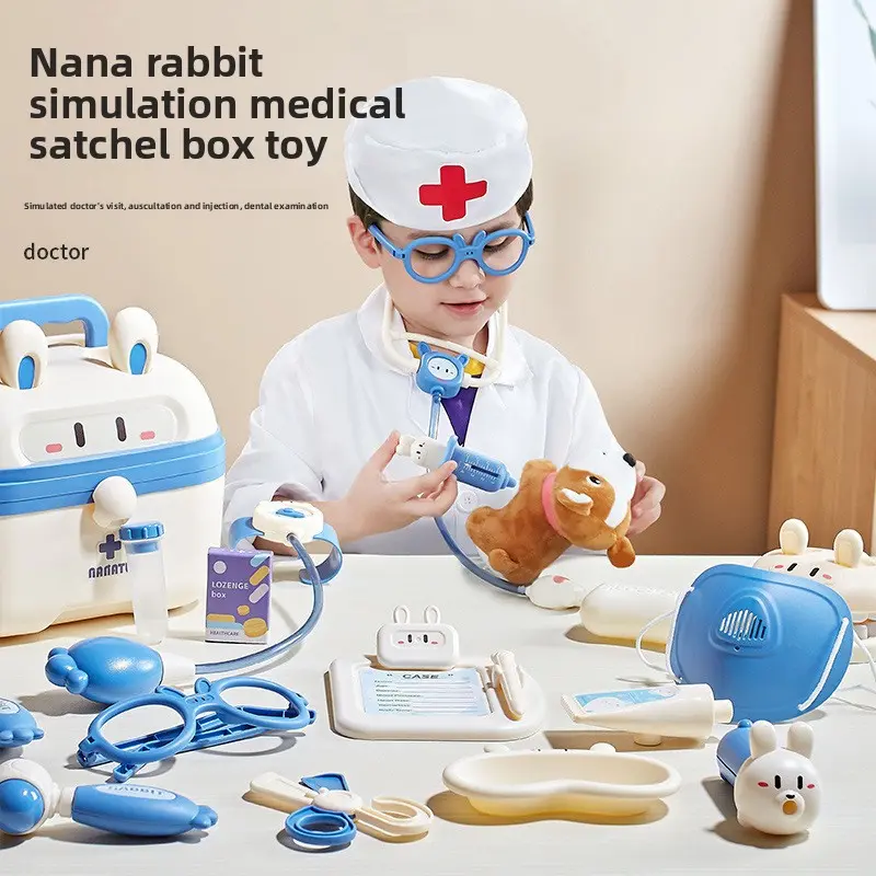 Unisex Medical Theme Children's Pretend Play Toy Set - Medical Satchel Box with Dentist Tools, Injection, Stethoscope, Occupations Learning Gift for Kindergarten Role Play & Simulated Doctor's Visit, [Blue] 41-Piece Set + Doctor Uniform, Dental Examinatio
