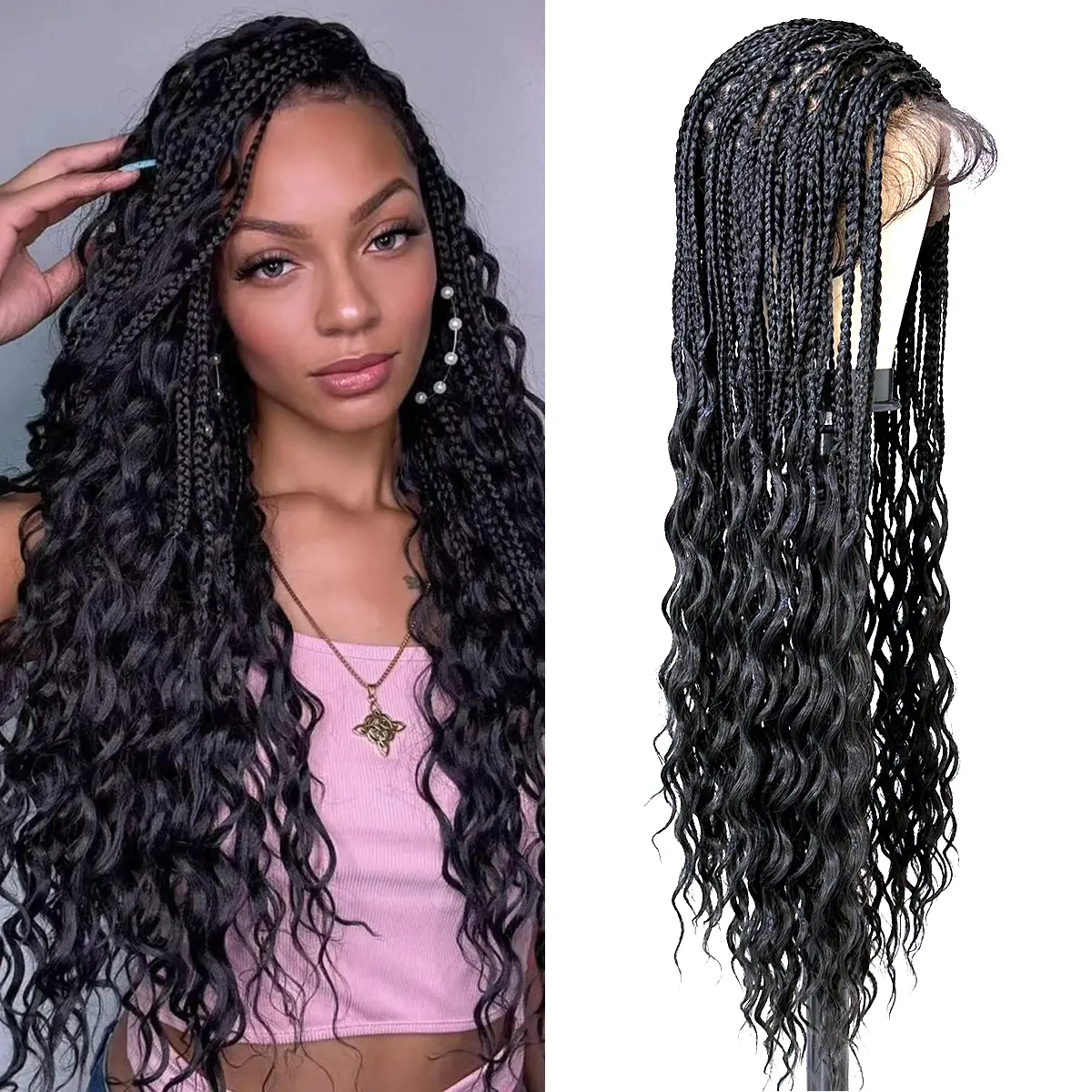 Braided Full Lace Black Wigs for Women, 32" Boho Box Braid Lace Front Wigs Blended Full Double Lace Wig with Baby Hair, Long Curly Ends Messy Synthetic Wig Heat Resistant Wigs Lace Frontal Wig Lace Wig Grid