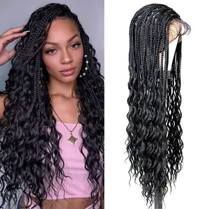 Braided Full Lace Black Wigs for Women, 32" Boho Box Braid Lace Front Wigs Blended Full Double Lace Wig with Baby Hair, Long Curly Ends Messy Synthetic Wig Heat Resistant Wigs