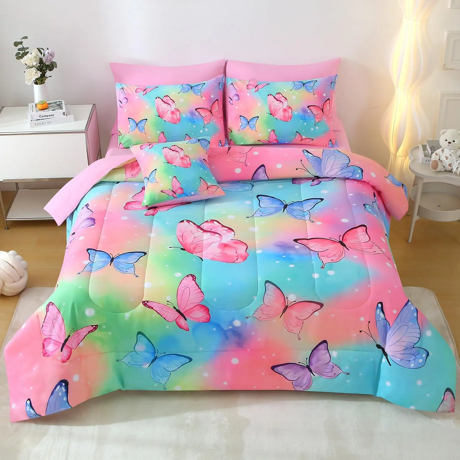 8 count Butterfly Comforter Set Full, 3D Rainbow Butterfly Bedding Set for Girls Women,All Season Microfiber Butterfly Design Bedding Collection with Pillowcase, Flat & Fitted Sheet(Rainbow)