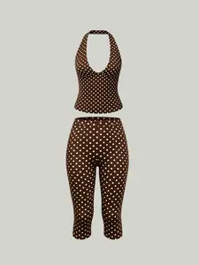 Women's 2 Pack Polka Dot Set, Halter Neck Deep V Crop Top & High Waisted Capri Leggings, Y2K Retro Streetwear for Summer