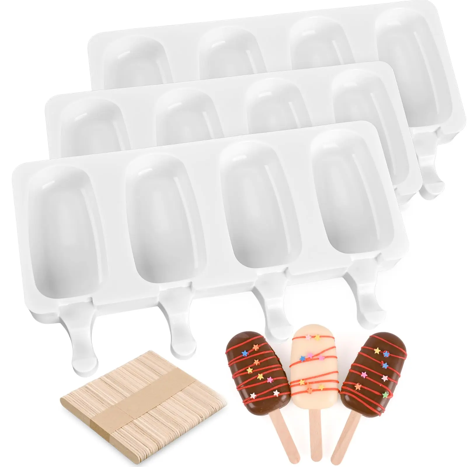 3 Pack Large Popsicle Molds 4 Cavities Cake Pop Silicone Molds Oval Ice Cream Cakesicle Molds for Homemade Ice Pop with 100 Wooden Sticks