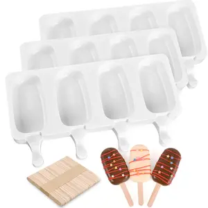 3 Pack Large Popsicle Molds 4 Cavities Cake Pop Silicone Molds Oval Ice Cream Cakesicle Molds for Homemade Ice Pop with 100 Wooden Sticks