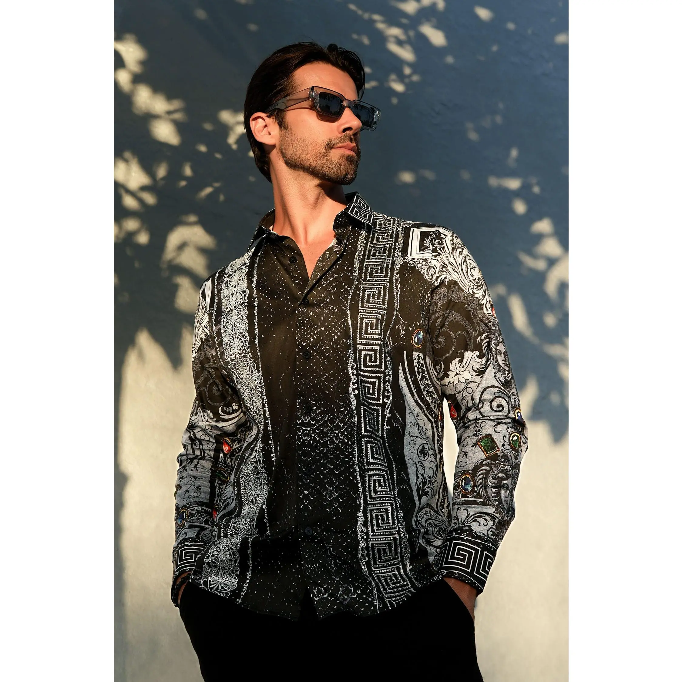 Under the Sun Summer Night Stone Long Sleeve Floral Cotton Shirt for Men Fabric Prints