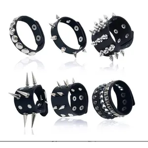 6 Pieces Punk Studded Bracelet Set - Black Leather Rivets Spike Cuff Adjustable Metal Wristband Gothic Accessories for Men Women Halloween