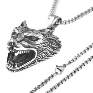 Unisex Wolf Head Costume Jewelry Set - 24-In Pendant Necklace, Stud Earrings for Daily Wear