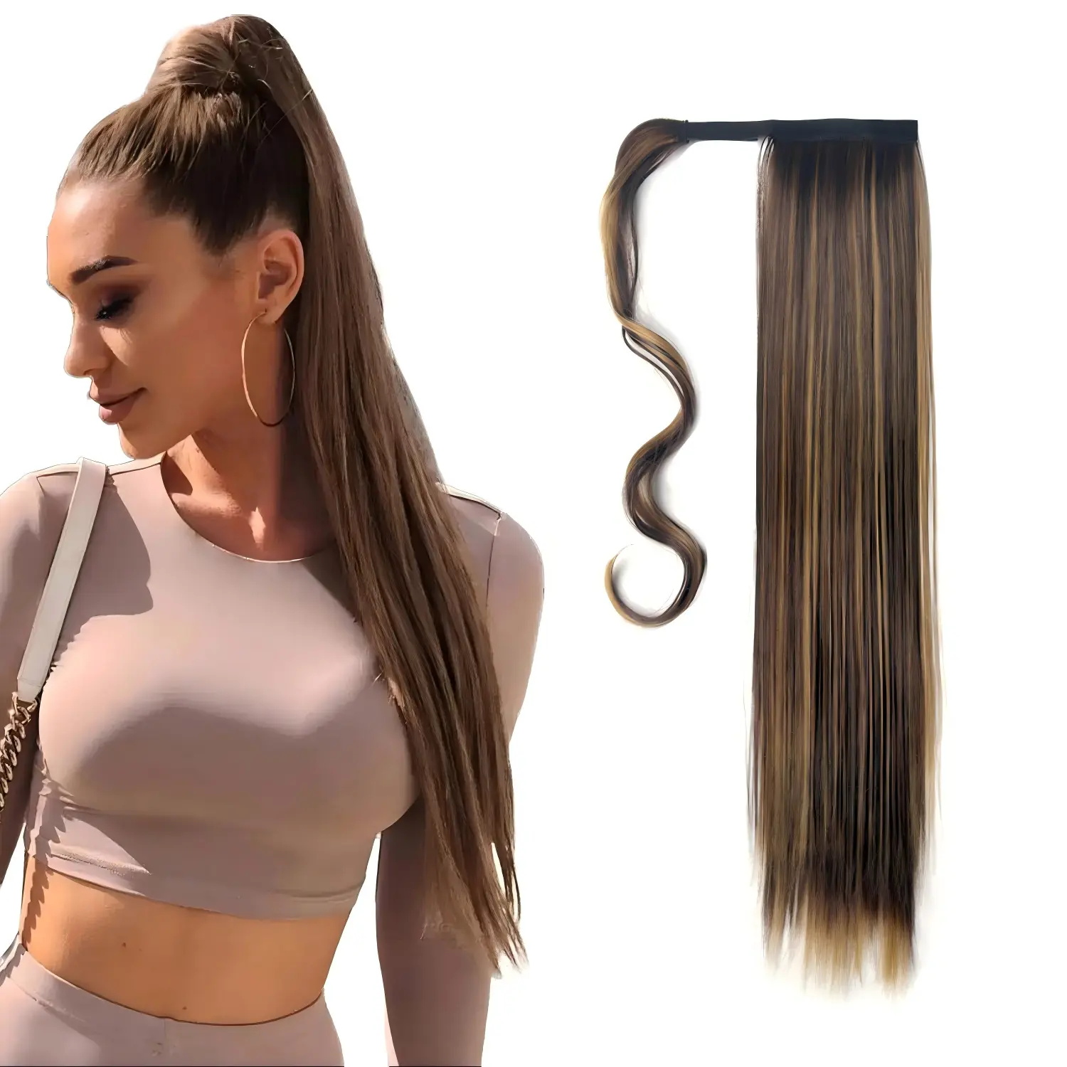 Women's Hair Extension, 26-Inch Straight Synthetic Wraparound Ponytail, Lightweight Clip-In for Casual Daily Use in Golden Brown, Straight Synthetic Hairpieces, Women's Fashion, Ponytail Hairstyles, Extensions Hair