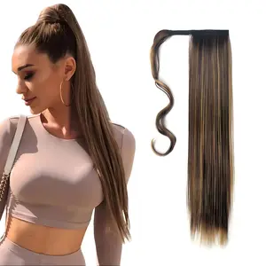 Golden Brown Straight Wrap Ponytail Extension 26 Inch Long Synthetic Clip in Hairpieces for Women Daily Use