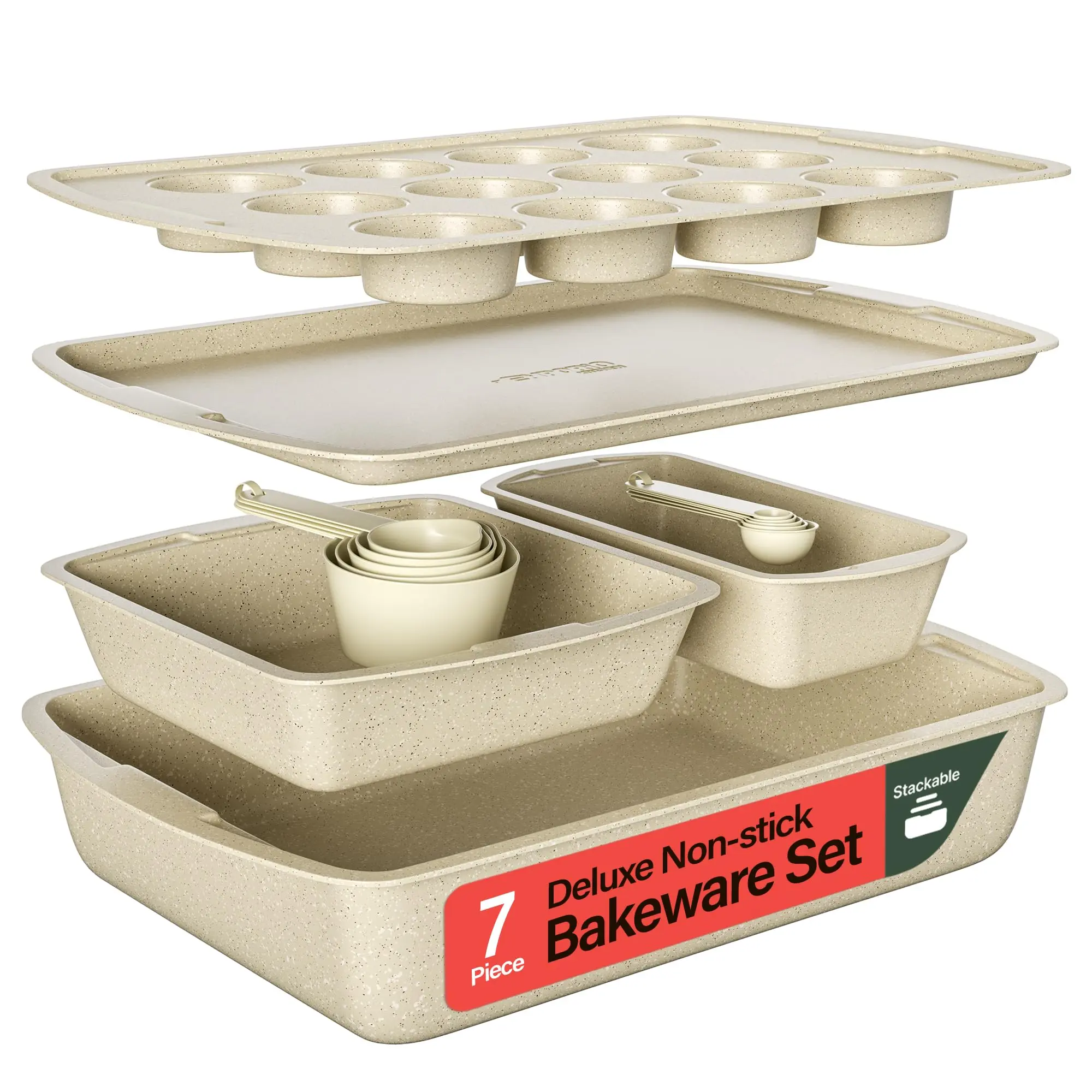 Stackable Baking Pan Set - Deluxe Nonstick White Marble Coating, Carbon Steel Bakeware Sets, PFOA, PFOS, PTFE Free, Recipe Booklet Included, Oven Safe (Up to 450°F), Set of 7