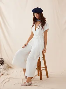 Cider Linen-blend Collar Twist & Knot Belted High Rise Wide Leg Jumpsuit