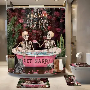 4 PCS Gothic Skull Skeleton Shower Curtain Set  Halloween Bathroom Set Black Goth Non-Slip Bath Rug Toilet Lid Cover U Shape Mat Complete Bathtub Accessories with 12 Hooks Bathroom Decor