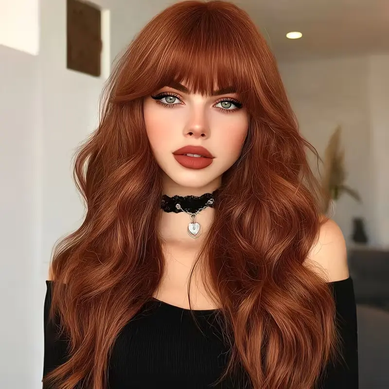 Long Auburn Ginger Copper Wave Wigs for Women, Sofeiyan Fluffy Voluminous Curly Hair with Bangs Elegant And Fashionable, Costume Wigs Suitable for Daily Wear, Party, Cosplay, Making It a Great Choice for Birthdays, Christmas, Hair Net As a Gift