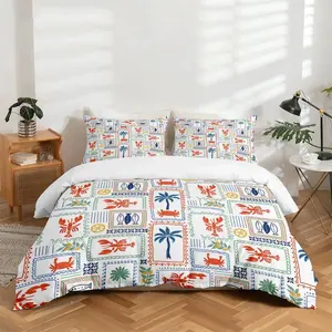 High-Definition Digital Print 3pc Bedding Set, Ocean Theme Lobster Crab Palm Tree Pattern, Soft Polyester, All Seasons