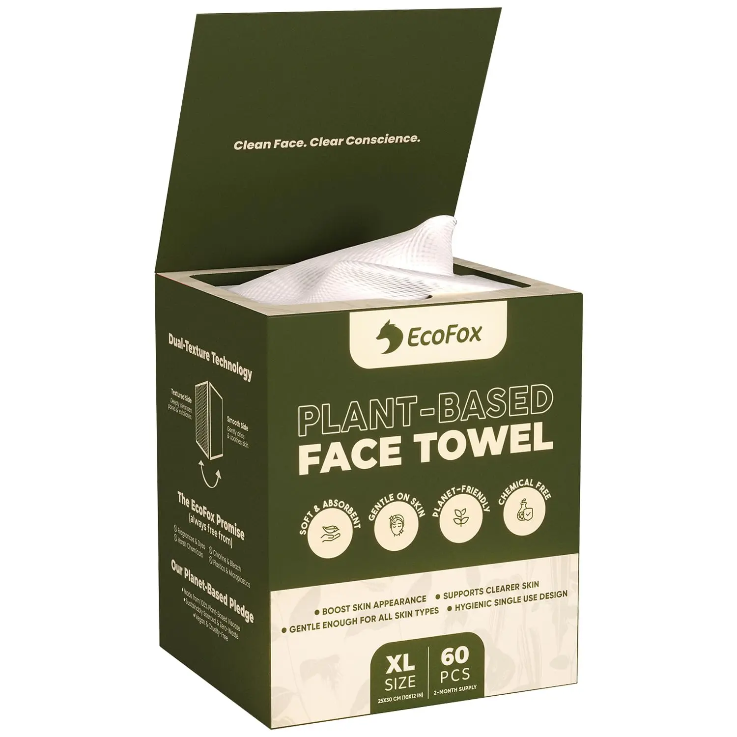 EcoFox Disposable Face Towels XL | 10x12 Inch Single Use Facial Cloths | Absorbent, Hypoallergenic & Soft Towelettes | Dual-Textured, Lint-Free Makeup Remover Dry Wipes | PETA-Approved