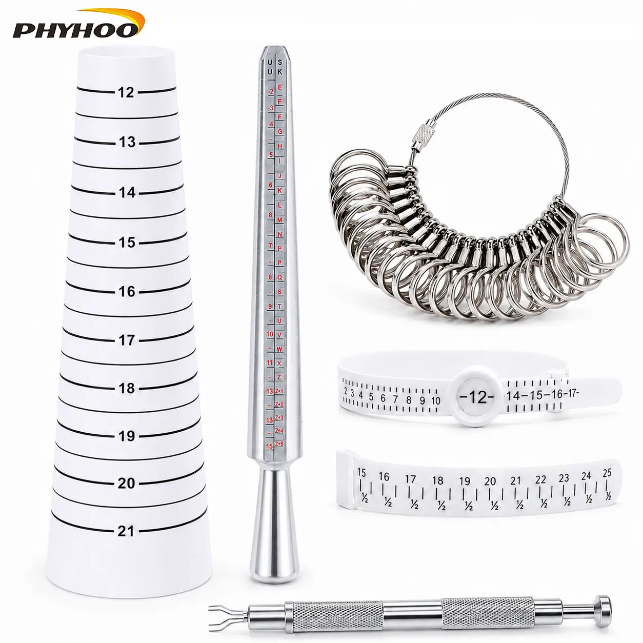Ring & Bracelet Sizer Measuring Tool Set, Jewelry Ring Mandrel with Ring Gauge, Bangle Sizer Cone, Finger Measuring Belt and Gem Pickup Tool