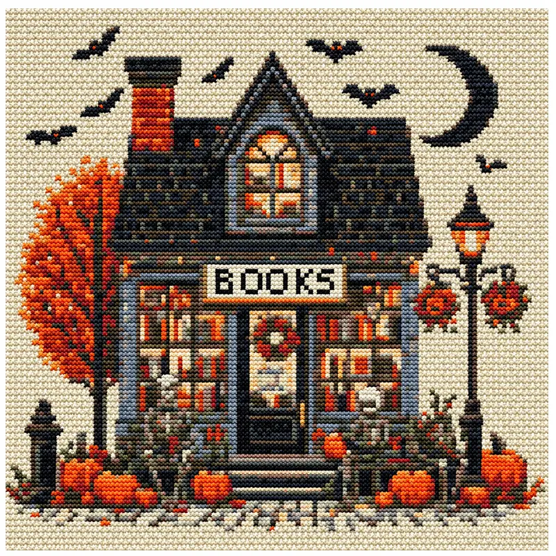 Halloween Horror Theme Cross Stitch Kit - Beginner-Friendly, Easy 11 CT Stamped Cotton Fabric Kit for Adults, 14×14 in DIY Needlework Home Wall Decor Gift