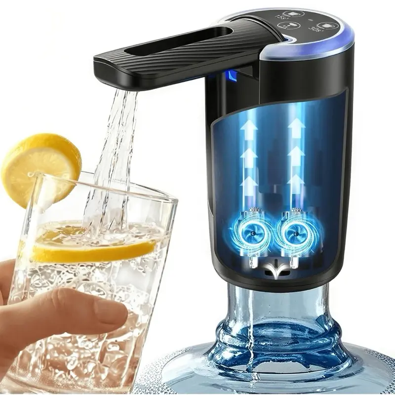 Foldable Water Bottle Pump, Dual Motor High-Speed 5 Gallon Water Dispenser, Portable Electric Water Jug Pump with 3 Pumping Modes, Type-C Rechargeable, Universal Fit for 2-5 Gallon Bottle, Black
