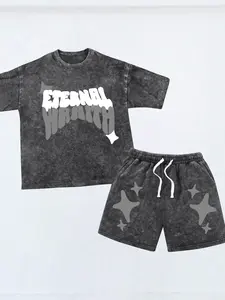 Men's Fashion Pure Cotton Sports Casual Short Sleeve T-Shirt and Shorts Set American Style Trendy Street Snowflake Letter Star Print Personalized Design Comfortable Breathable Lightweight Surfing Basketball Suit for All Seasons Perfect Gift for Boyfriend
