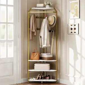 Corner Hall Tree with Shoe Bench, Entryway Corner Coat Rack with 12 Hooks, Freestanding Clothes Rack with Storage Organizer Shelf for Entryway