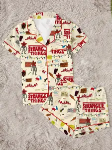 Stranger Things Sleepwear Set Two-Piece Lapel Button Top and Shorts, Women's Casual Home Wear, Comfortable Party, All Seasons