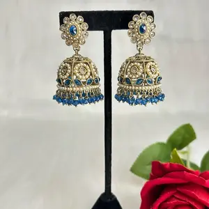 Desi Beautiful Gold Tone Lightweight Polki Jhumka With Gemstones And Pearls Work Elegant Indian Jewelry