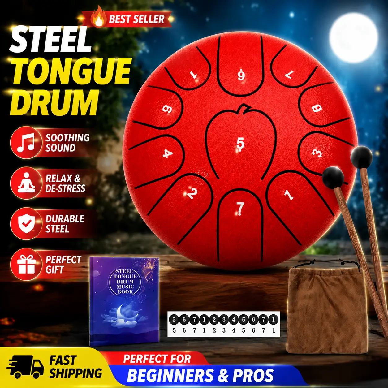 6-Inch 11-Note Premium Steel Tongue Drum - Handcrafted Artisan Vintage Style, Warm Rich Tones for Sound Healing, Beginner-Friendly with Carry Bag & Durable Mallets, Percussion Drums