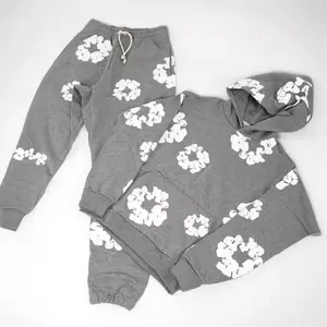 American Fashion Brand High Street Puff Print Hooded Sweater Set Men's Fashion All-Matching Sweatshirt and Sweatpants Suit Athleisure Clothes