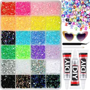 24-Color Flat Back Rhinestone Nail Art Kit, Includes 3 DIY Glue Tubes, Tweezers, Dotting Tool, Ab Sparkle Rhinestones for Manicure, Craft, Makeup Decoration，Nail Art Rhinestones / Flatback Crystals / Multi-Color / Pickup Tool
