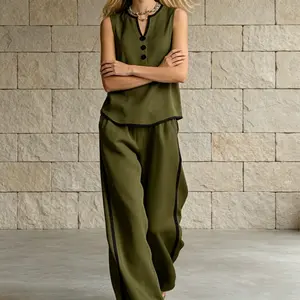The Gift She’ll Actually Wear!  Luxury Contrast Trim Lounge Set | V-Neck Wide Leg Set