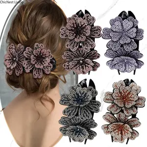 4 Pack Luxury Fancy Gems Korean Decorative Glitter Sparkly Crystals Rhinestones Double Flower Hair Claws Clips Plastic Barrettes Hairpin Clamps Hair Accessories for Women Girls Thick Long Hair
