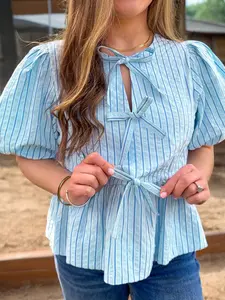 Sky Blue Stripe Bow Knot Textured Short Puff Sleeve Babydoll Blouse, Featuring A Classic Striped Pattern With A Chic Texture.