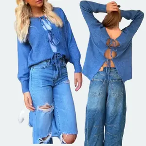 SCUSTY Women Bowtie Oversized Knit Sweater Cardigan Y2K Long Sleeve V Neck Open Front Casual Knitwears