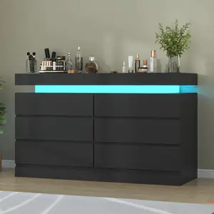 White/ Black 6 Drawer Dresser For Bedroom With Power Outlet, Dresser With LED Light, Modern Chest Of Drawers For Closet, Double Wide Drawer Organizer Cabinet For Bedroom, Living Room, Entryway, Hallway
