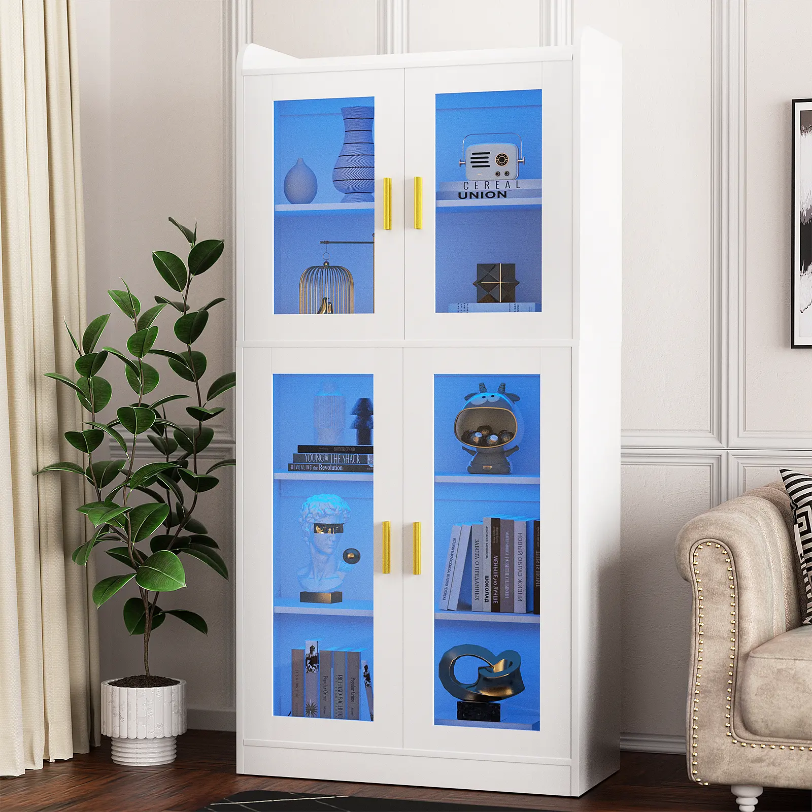 iSunirm 67” Tall Kitchen Pantry Cabinet with LED Light, Tempered Glass Doors, Adjustable Shelves, Multi-Level Glass Cabinets, Freestanding Bookshelf for Living Room, Dining Room, Bookshelf Glass Cabinets