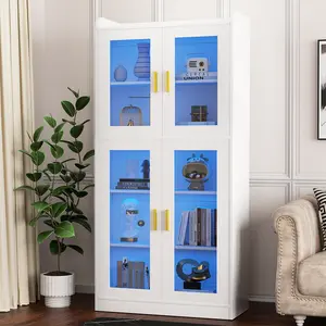 iSunirm Kitchen Pantry Cabinet with Led Light, 67” Tall Storage Cabinet with Tempered Glass Doors and Adjustable Shelves, Freestanding Display Bookcase for Living Room, Dining Room