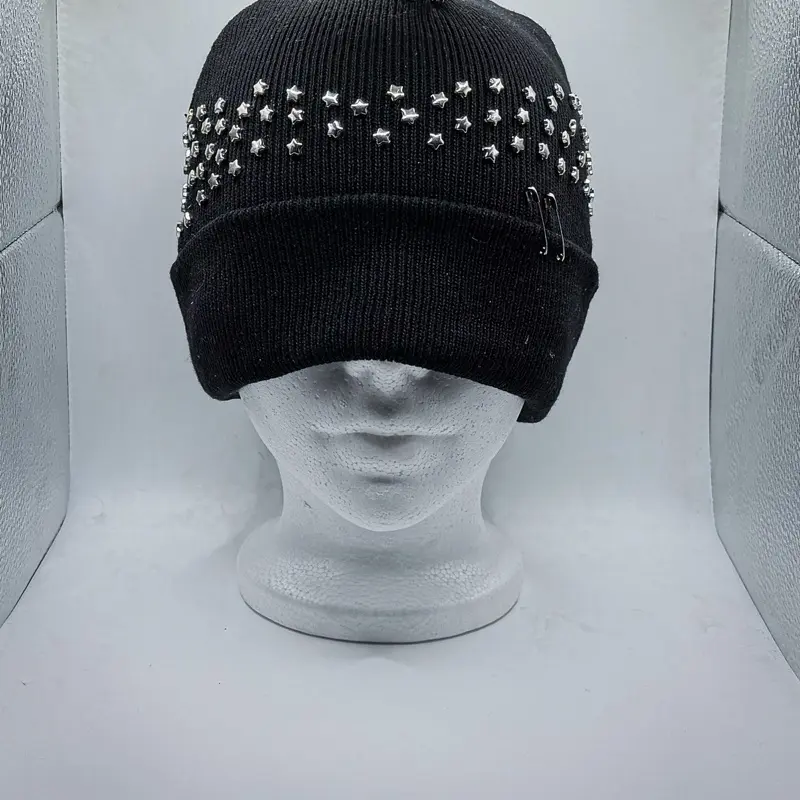 Star Design Beanie with Pins - Black Knit Hat for Women