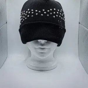 Star Design Beanie with Pins - Black Knit Hat for Women