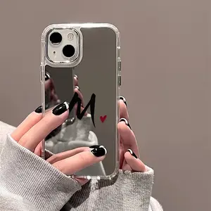 Phone Case: Red Heart Custom Letter Makeup Mirror Phone Case, Suitable for iPhone 17/16/15/14/13/12/11 Pro Max Plus and 17 Air, Stylish and Creative Shockproof, Simple Mirror DIY Phone Cover, a Gift for Couples, Family, and Friends