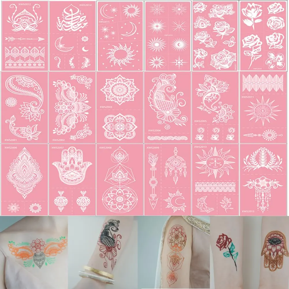 Tattoo Kit, Temporary Tattoos Stencils 18 Sheets Pink Henna Tattoo Templates Flower Sun Moon Indian Arabian Face Body Paint DIY for Girls Women (Pink)