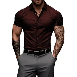 Men's muscle fit dress short sleeve sports button-up shirt for athletic builds moisture-wicking quick-dry stretch fabric collar menswear top white Summer casual men's clothing